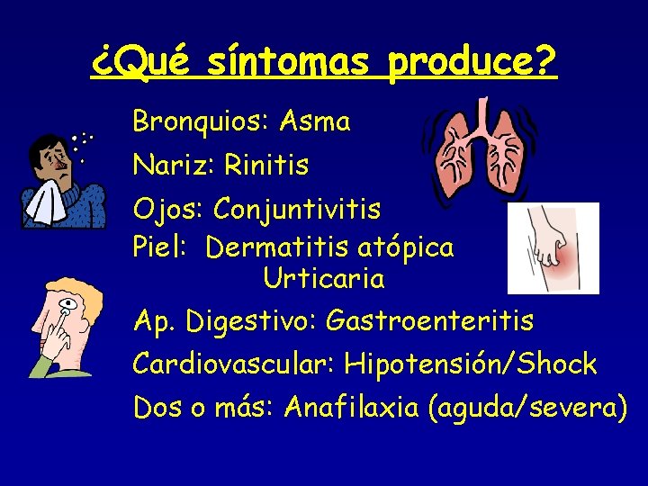 ¿Qué síntomas produce? Bronquios: Asma Nariz: Rinitis Ojos: Conjuntivitis Piel: Dermatitis atópica Urticaria Ap.