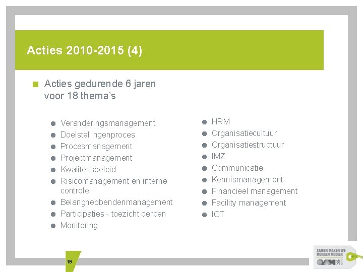 Acties 2010 -2015 (4) < Acties gedurende 6 jaren voor 18 thema’s Veranderingsmanagement Doelstellingenproces