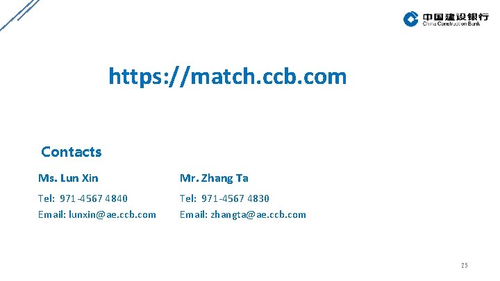 https: //match. ccb. com Contacts Ms. Lun Xin Mr. Zhang Ta Tel: 971 -4567