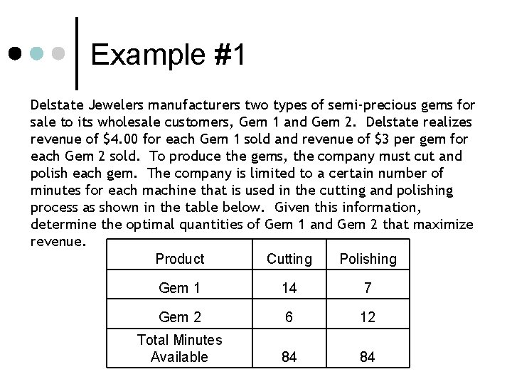 Example #1 Delstate Jewelers manufacturers two types of semi-precious gems for sale to its