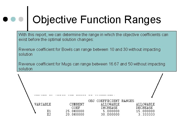 Objective Function Ranges With this report, we can determine the range in which the