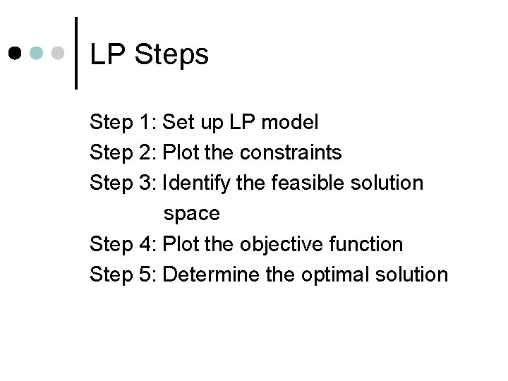 LP Steps Step 1: Set up LP model Step 2: Plot the constraints Step