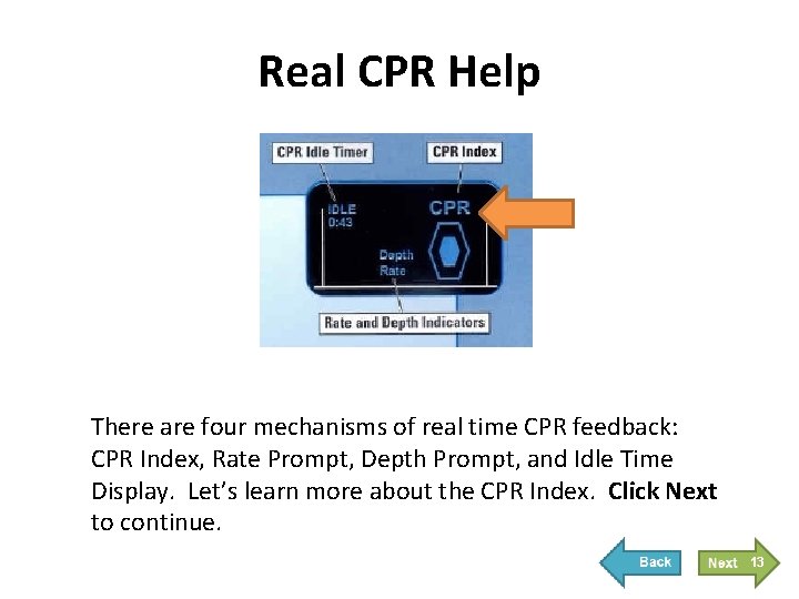 Real CPR Help There are four mechanisms of real time CPR feedback: CPR Index,