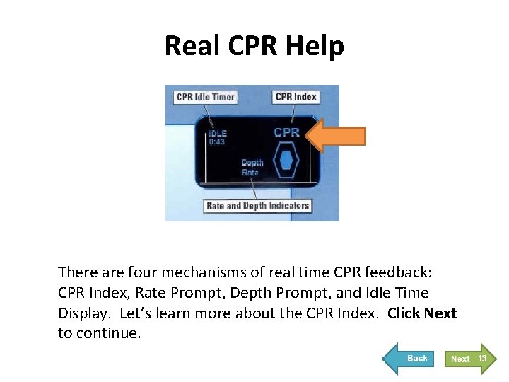 Real CPR Help There are four mechanisms of real time CPR feedback: CPR Index, Real CPR Help There are four mechanisms of real time CPR feedback: CPR Index,
