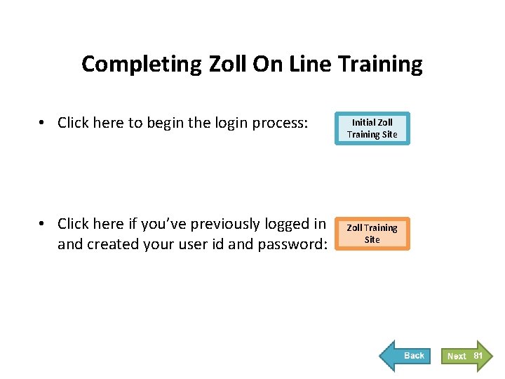 Completing Zoll On Line Training • Click here to begin the login process: •