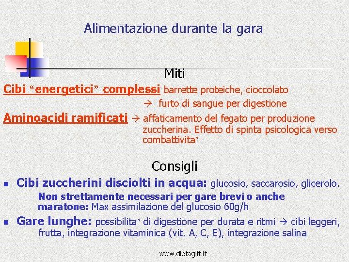 Alimentazione durante la gara Miti Cibi “energetici” complessi barrette proteiche, cioccolato furto di sangue