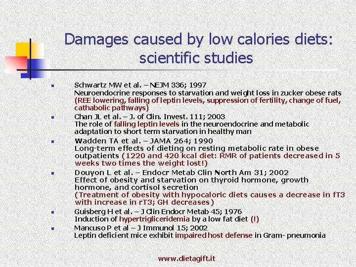 Damages caused by low calories diets: scientific studies n n n Schwartz MW et