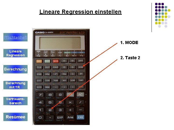 Lineare Regression einstellen Pflichtenheft 1. MODE Lineare Regression Berechnung mit TR Vertrauensbereich Resümee 2.