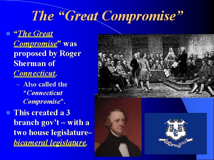 The “Great Compromise” l “The Great Compromise” was proposed by Roger Sherman of Connecticut.