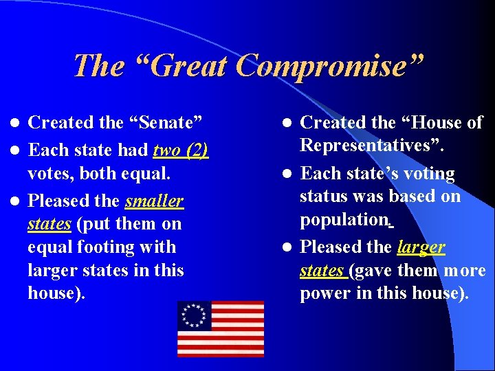 The “Great Compromise” Created the “Senate” l Each state had two (2) votes, both