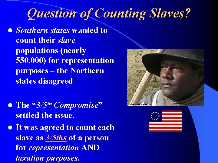 Question of Counting Slaves? l Southern states wanted to count their slave populations (nearly