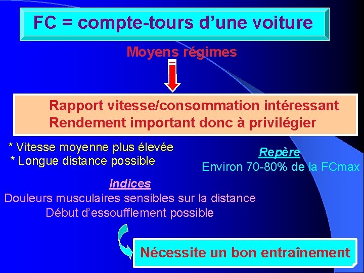 FC = compte-tours d’une voiture Moyens régimes Rapport vitesse/consommation intéressant Rendement important donc à