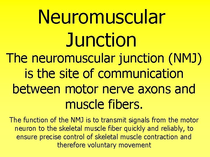 Neuromuscular Junction The neuromuscular junction (NMJ) is the site of communication between motor nerve