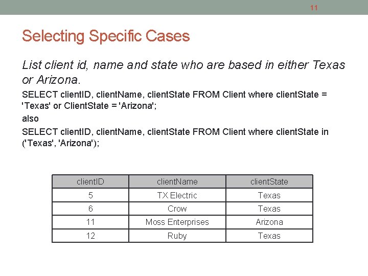 11 Selecting Specific Cases List client id, name and state who are based in
