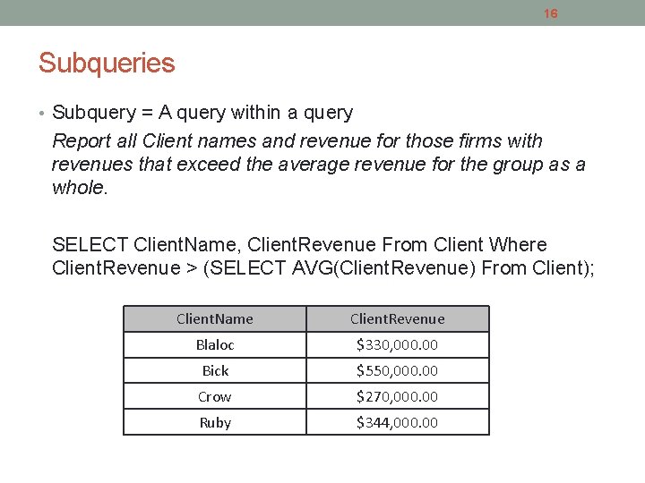 16 Subqueries • Subquery = A query within a query Report all Client names