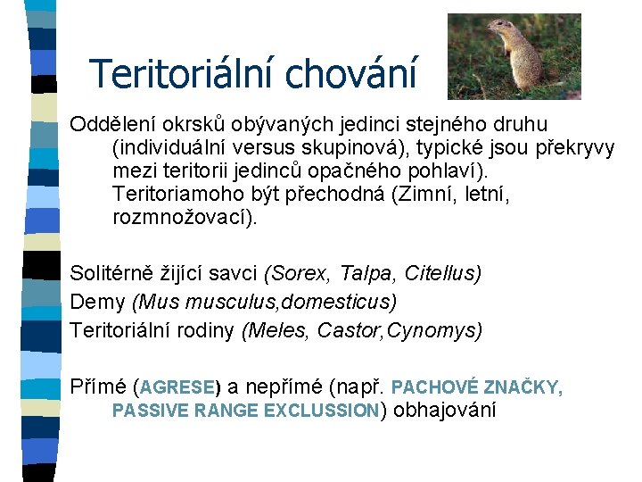 Teritoriální chování Oddělení okrsků obývaných jedinci stejného druhu (individuální versus skupinová), typické jsou překryvy