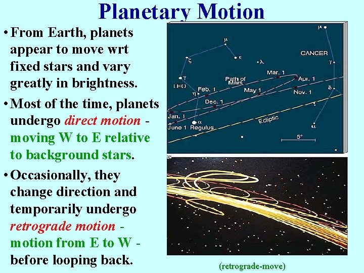 Planetary Motion • From Earth, planets appear to move wrt fixed stars and vary