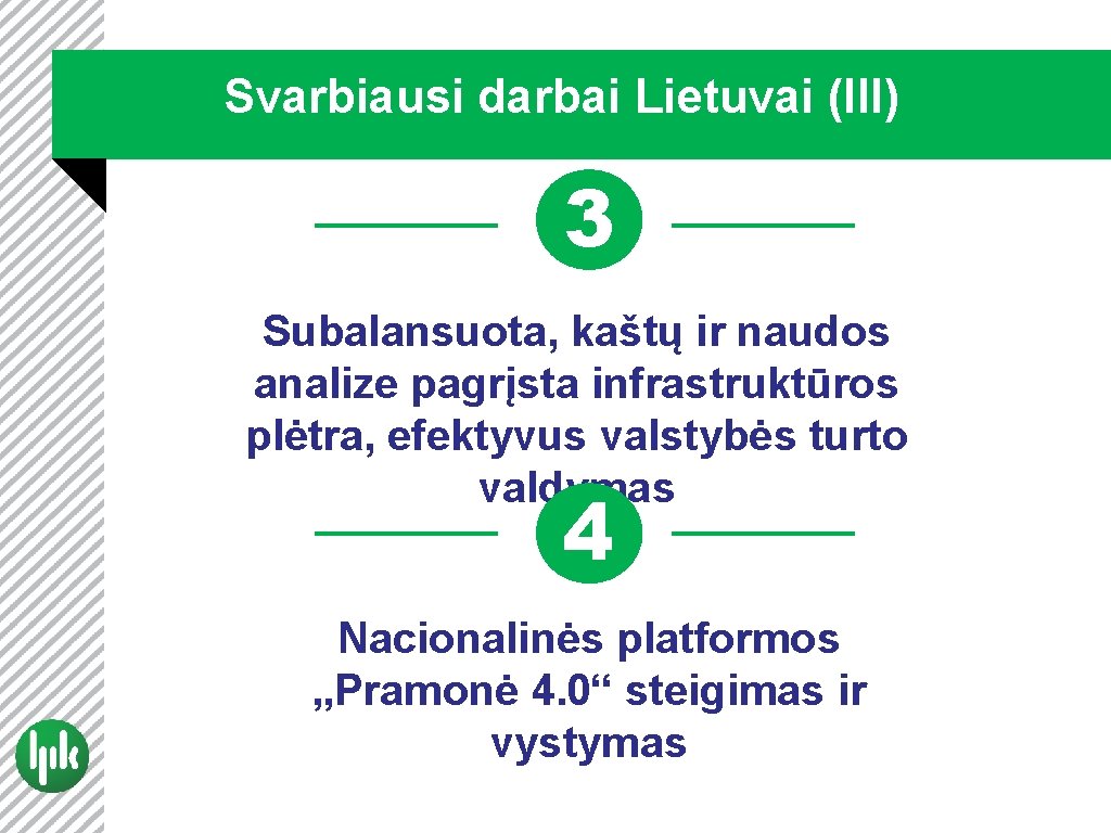 Svarbiausi darbai Lietuvai (III) 3 Subalansuota, kaštų ir naudos analize pagrįsta infrastruktūros plėtra, efektyvus