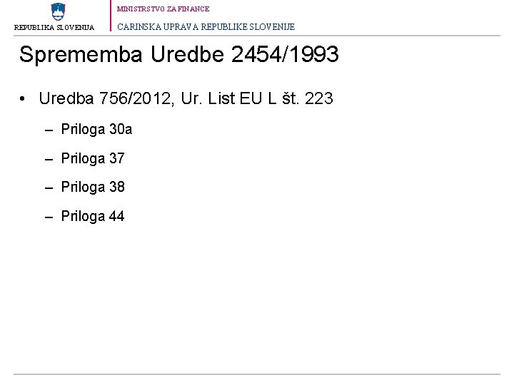 MINISTRSTVO ZA FINANCE REPUBLIKA SLOVENIJA CARINSKA UPRAVA REPUBLIKE SLOVENIJE Sprememba Uredbe 2454/1993 • Uredba