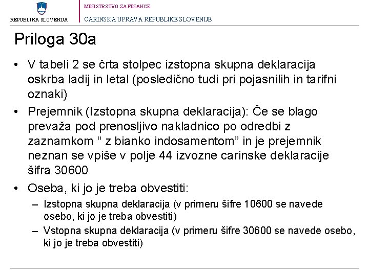 MINISTRSTVO ZA FINANCE REPUBLIKA SLOVENIJA CARINSKA UPRAVA REPUBLIKE SLOVENIJE Priloga 30 a • V
