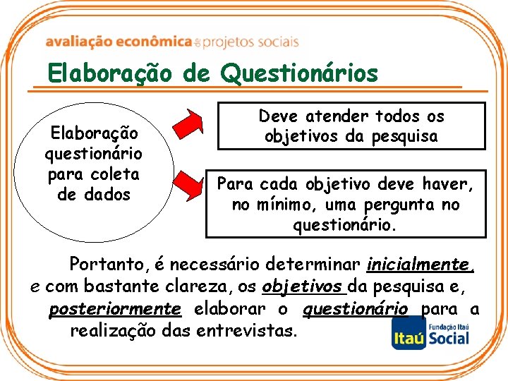 Elaboração de Questionários Elaboração questionário para coleta de dados Deve atender todos os objetivos