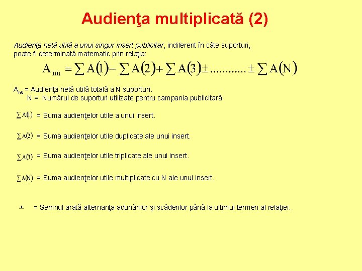 Audienţa multiplicată (2) Audienţa netă utilă a unui singur insert publicitar, indiferent în câte