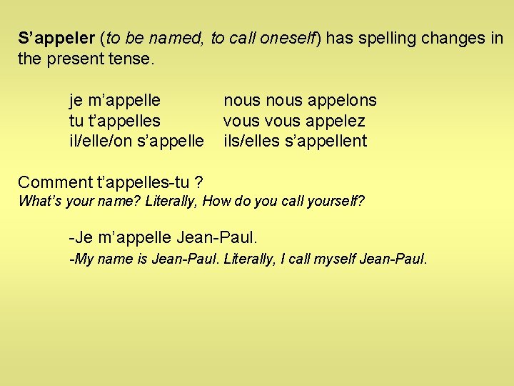 S’appeler (to be named, to call oneself) has spelling changes in the present tense.