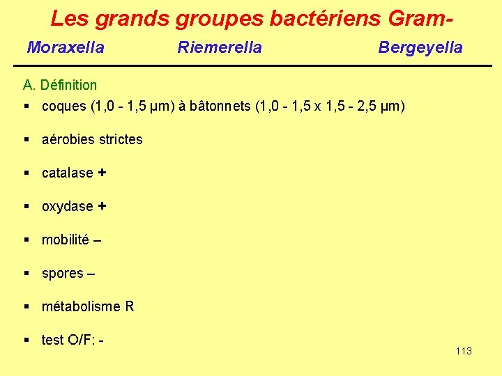 Les grands groupes bactériens Gram. Moraxella Riemerella Bergeyella A. Définition § coques (1, 0