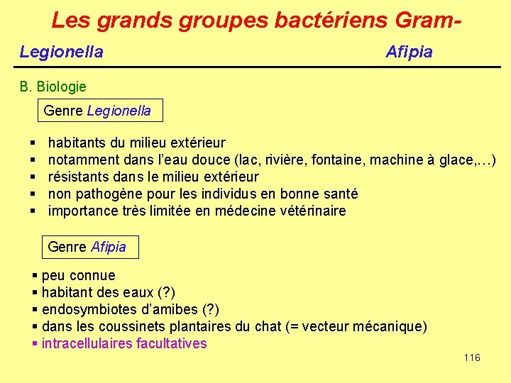 Les grands groupes bactériens Gram. Legionella Afipia B. Biologie Genre Legionella § § §