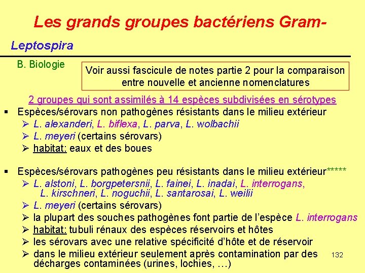 Les grands groupes bactériens Gram. Leptospira B. Biologie Voir aussi fascicule de notes partie