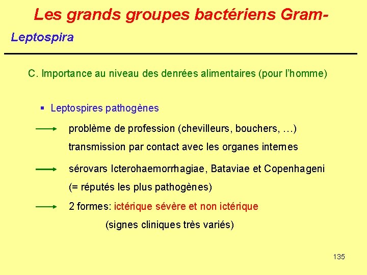 Les grands groupes bactériens Gram. Leptospira C. Importance au niveau des denrées alimentaires (pour