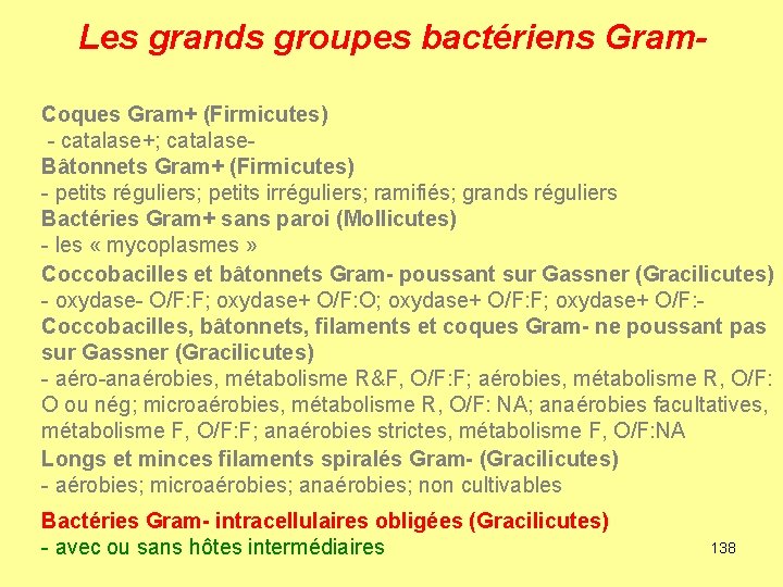 Les grands groupes bactériens Gram. Coques Gram+ (Firmicutes) - catalase+; catalase. Bâtonnets Gram+ (Firmicutes)