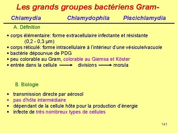 Les grands groupes bactériens Gram. Chlamydia Chlamydophila Piscichlamydia A. Définition § corps élémentaire: forme