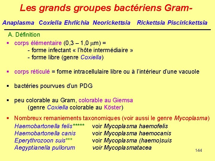 Les grands groupes bactériens Gram. Anaplasma Coxiella Ehrlichia Neorickettsia Rickettsia Piscirickettsia A. Définition §