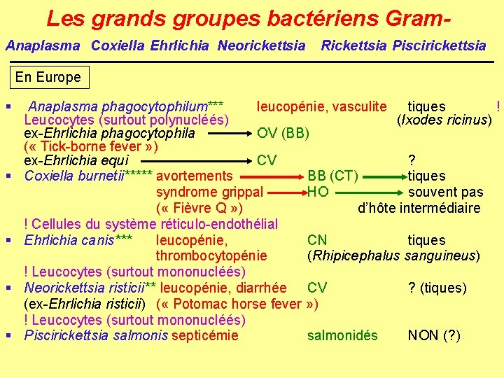 Les grands groupes bactériens Gram. Anaplasma Coxiella Ehrlichia Neorickettsia Rickettsia Piscirickettsia En Europe §