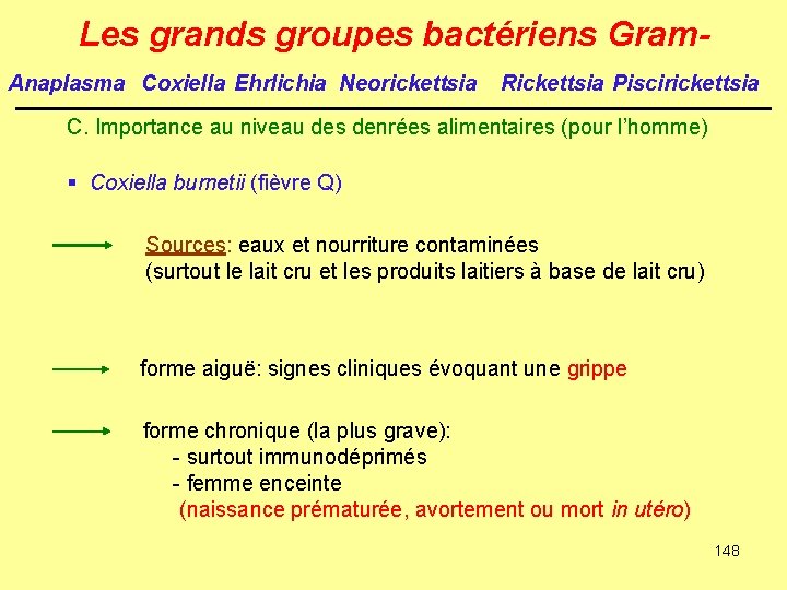 Les grands groupes bactériens Gram. Anaplasma Coxiella Ehrlichia Neorickettsia Rickettsia Piscirickettsia C. Importance au