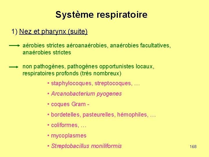 Système respiratoire 1) Nez et pharynx (suite) aérobies strictes aéroanaérobies, anaérobies facultatives, anaérobies strictes