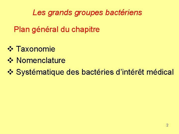 Les grands groupes bactériens Plan général du chapitre v Taxonomie v Nomenclature v Systématique