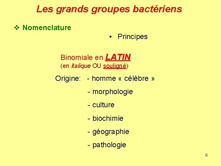 Les grands groupes bactériens v Nomenclature • Principes Binomiale en LATIN (en italique OU