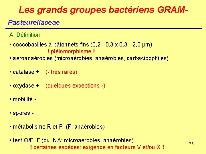 Les grands groupes bactériens GRAMPasteurellaceae A. Définition • coccobacilles à bâtonnets fins (0, 2