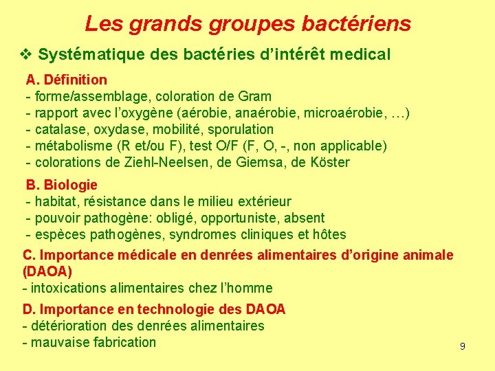 Les grands groupes bactériens v Systématique des bactéries d’intérêt medical A. Définition - forme/assemblage,