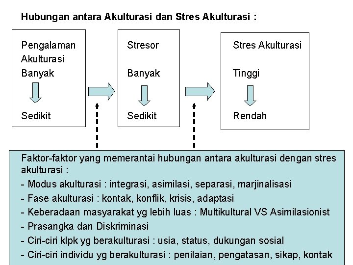 Hubungan antara Akulturasi dan Stres Akulturasi : Pengalaman Akulturasi Banyak Stresor Stres Akulturasi Banyak
