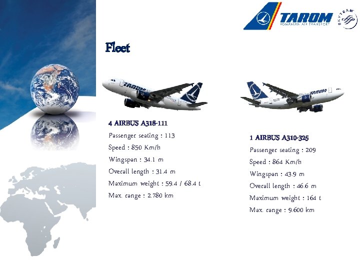 Fleet 4 AIRBUS A 318 -111 Passenger seating : 113 Speed : 850 Km/h