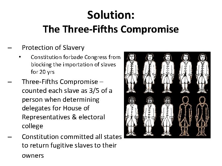 Solution: The Three-Fifths Compromise Protection of Slavery – • – – Constitution forbade Congress