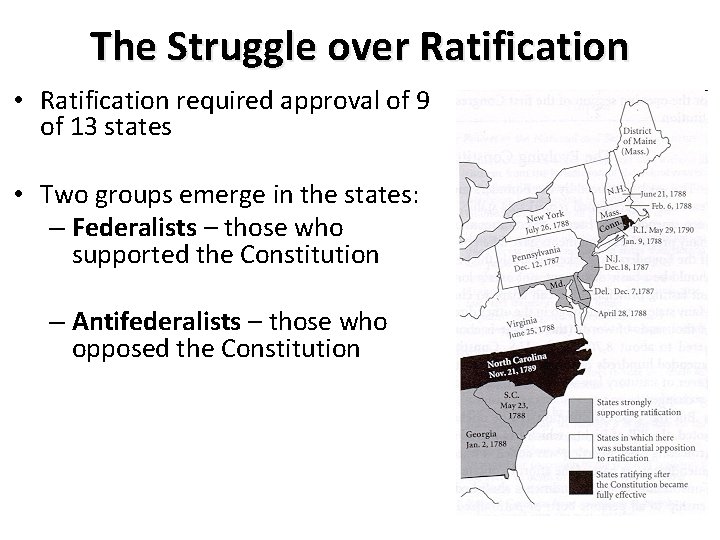 The Struggle over Ratification • Ratification required approval of 9 of 13 states •