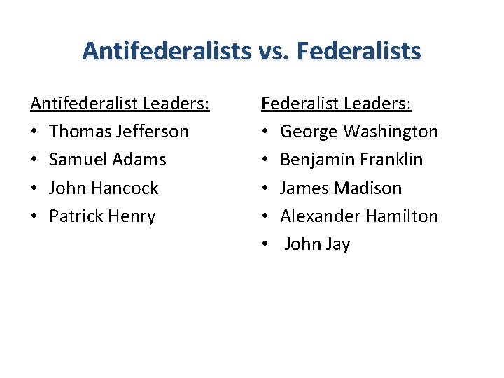 Antifederalists vs. Federalists Antifederalist Leaders: • Thomas Jefferson • Samuel Adams • John Hancock