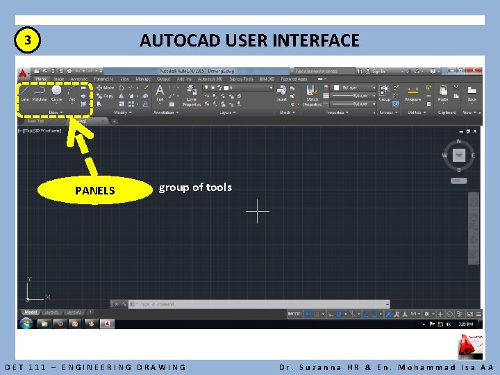 AUTOCAD USER INTERFACE 3 PANELS group of tools DET 111 – ENGINEERING DRAWING Dr.