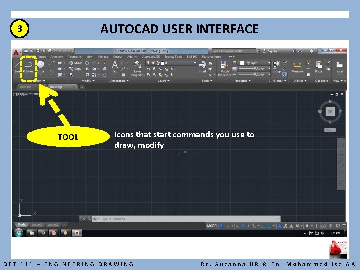 AUTOCAD USER INTERFACE 3 TOOL Icons that start commands you use to draw, modify