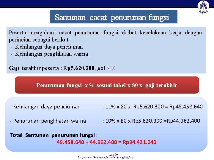 Santunan cacat penurunan fungsi Peserta mengalami cacat penurunan fungsi akibat kecelakaan kerja dengan perincian