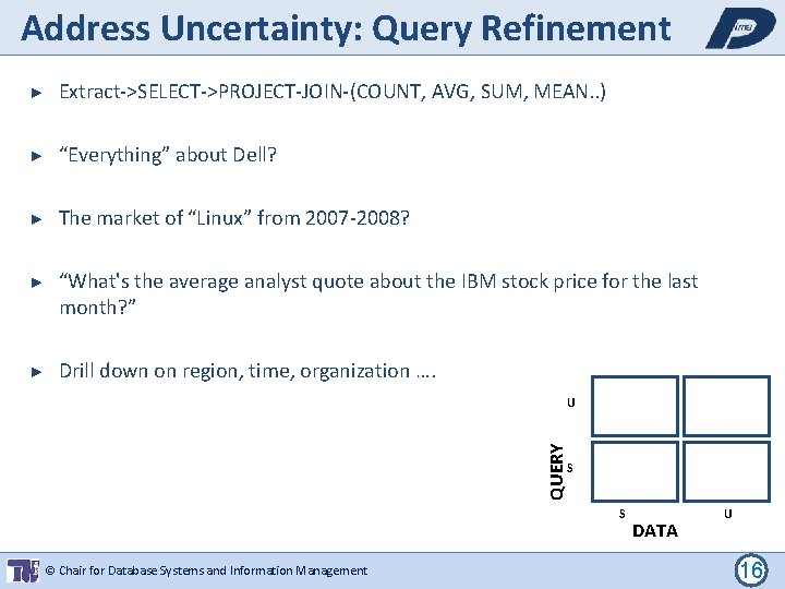 Address Uncertainty: Query Refinement ► Extract->SELECT->PROJECT-JOIN-(COUNT, AVG, SUM, MEAN. . ) ► “Everything” about